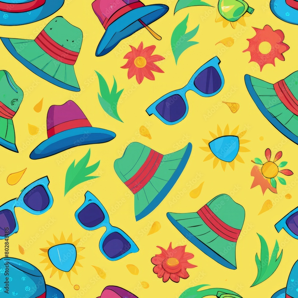 Naklejka premium Seamless pattern of sunglasses and sunhats for fun in the sun, Generative AI