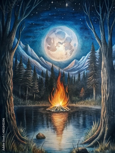 a painting of a river with a full moon and trees.