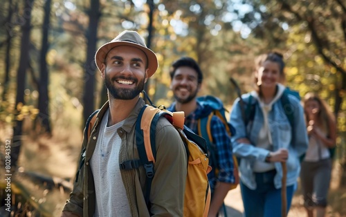 group of smiling friends walking with backpacks in the forest