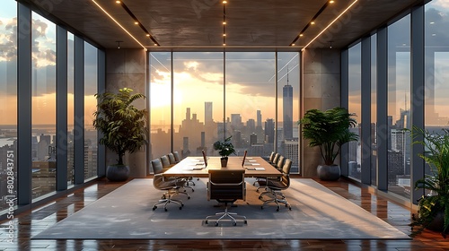 Craft an image of corporate excellence unfolding in an upscale boardroom, characterized by timeless design, impeccable attention to detail, and panoramic city views.