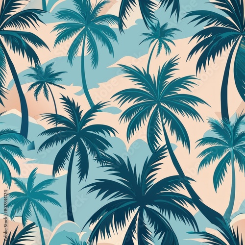 Seamless pattern of tropical palm trees swaying in a gentle breeze  Generative AI