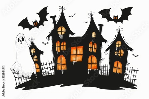 Cartoon cute doodles of a spooky haunted house silhouette, with bats flying around and ghostly figures peering out from the windows, Generative AI