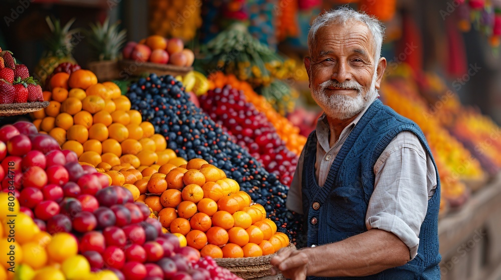 An old man selling fruits in the market. An old man selling fruits in the market.