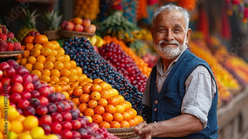 An old man selling fruits in the market.