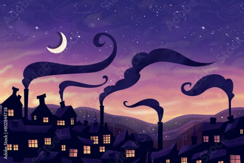 Cartoon cute doodles of a village silhouette nestled in a valley, with smoke rising from chimneys and a crescent moon hanging low in the sky, Generative AI