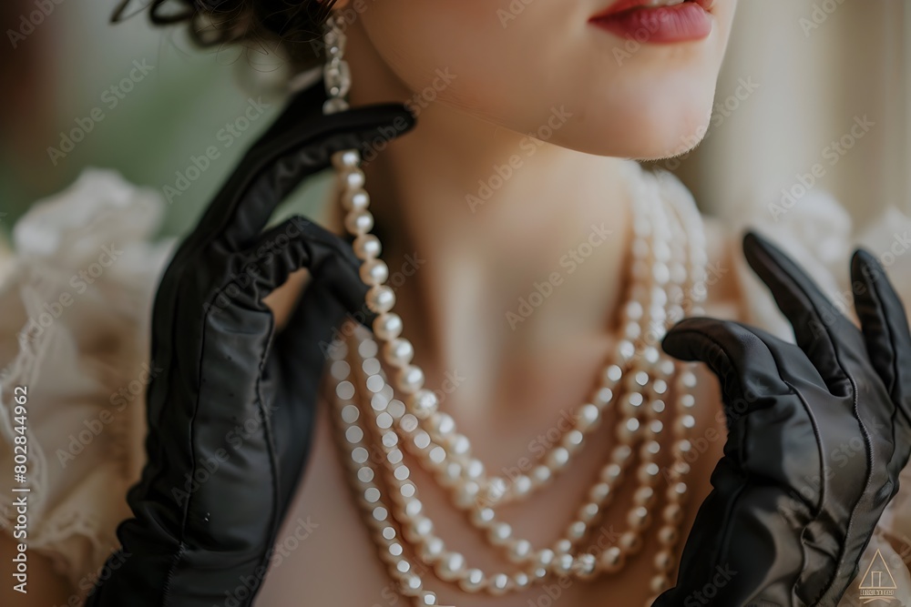 A Woman s Delicate Hand Adjusting a Pearl Necklace Adorned with Vintage Gloves