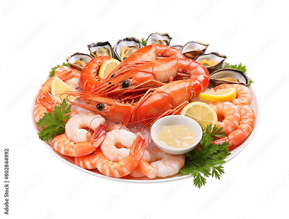 A fresh seafood platter featuring prawns, crab, oysters, and lemon slices garnished with parsley. Generative AI A fresh seafood platter featuring prawns, crab, oysters, and lemon slices garnished with parsley. Generative AI