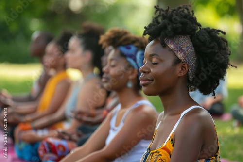 Diverse group of people practicing yoga in nature