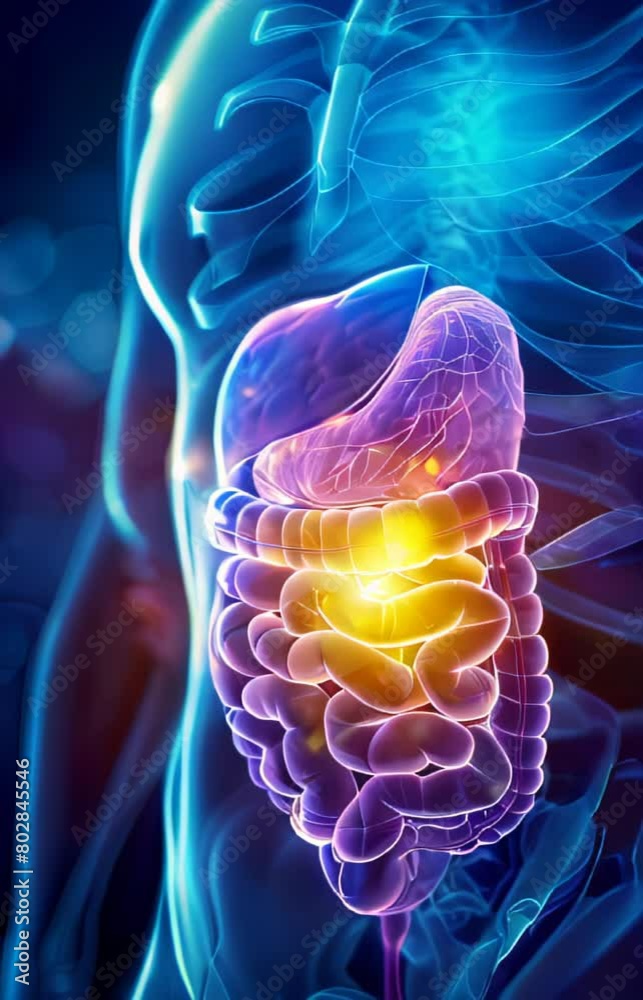 vertical slow motion video of Illustration of Human Digestive System Highlighting liver and Intestines