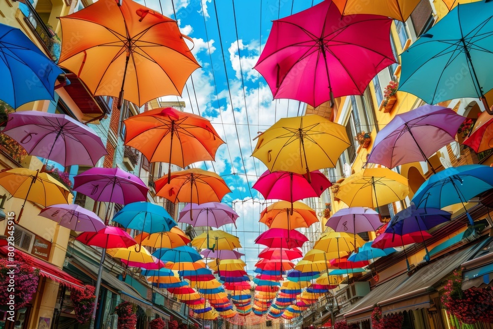 Colorful umbrellas arranged in the sky for decoration