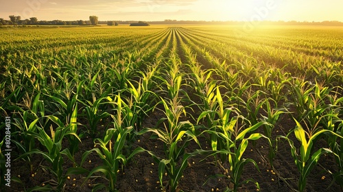 Corn cobs stand tall in rows in a vast field.