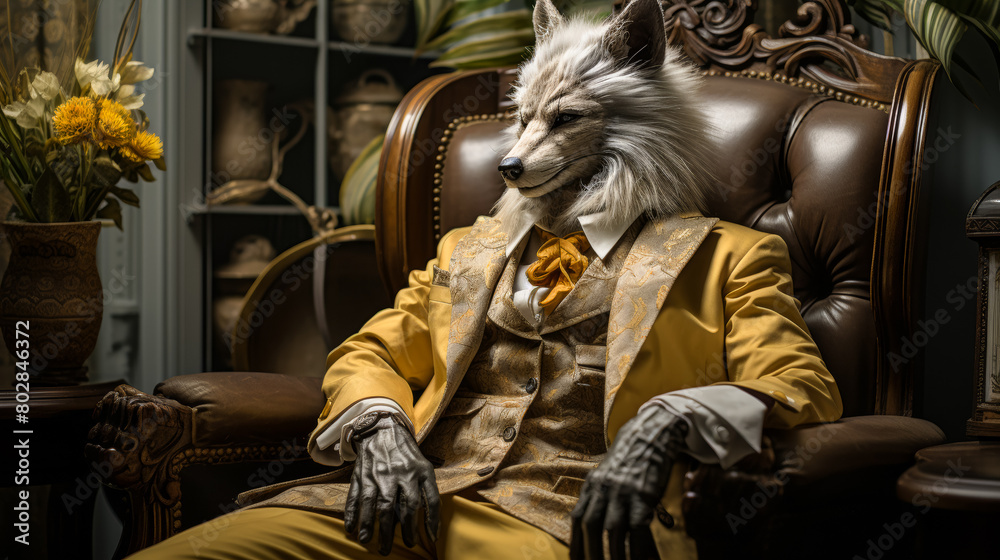 A man in a fox costume is sitting in a chair