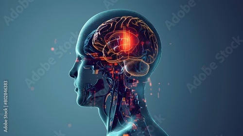 Glowing Digital Brain with Synapse Activity in Abstract Futuristic Concept photo