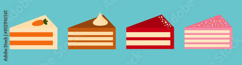 Birthday cake slice set line. Different flavor pieces. Chocolate, carrot, red velvet, pink cakes collection. Delicious dessert, pastries. Cute cartoon food. Flat design Isolated Blue background Vector © worldofvector