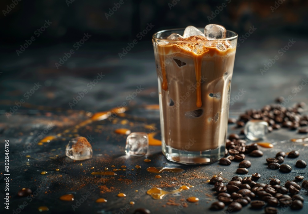 Iced coffee, cream, ice cubes, beans on dark table Iced coffee, cream, ice cubes, beans on dark table