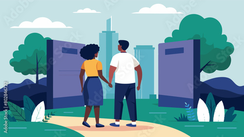 A couple walks hand in hand as they take a selfguided tour of a Juneteenth memorial pausing to read the inscriptions and reflect on the significance. Vector illustration photo