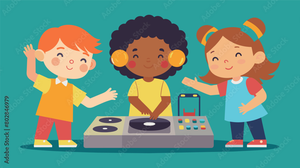 During free play children take turns pretending to be a DJ using plastic records and a toy record player to mix and scratch imaginary songs. Vector illustration During free play children take turns pretending to be a DJ using plastic records and a toy record player to mix and scratch imaginary songs. Vector illustration