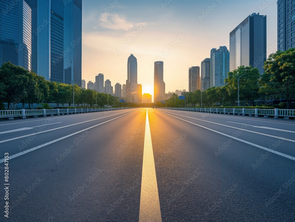 Empty city road with sunrise between skyscrapers, symbolizing new beginnings or opportunities.