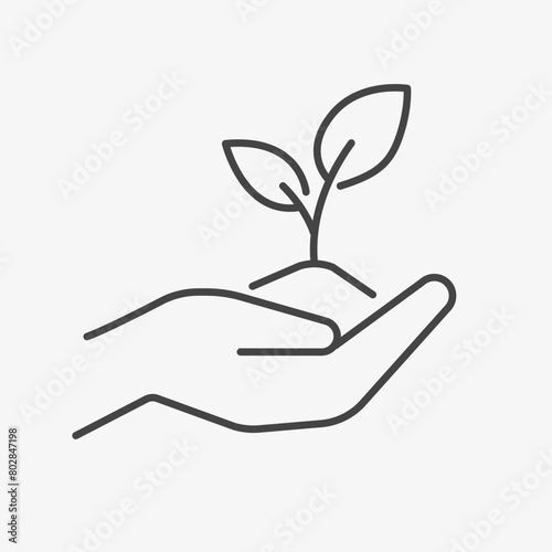 Flower Plant in hand line icon. Hand holding sprout tree with leaves outline illustration