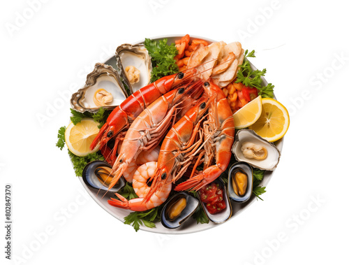 A fresh seafood platter featuring prawns, crab, oysters, and lemon slices garnished with parsley. Generative AI