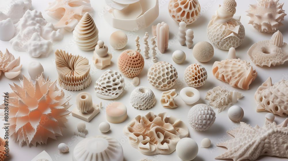 collection of pastel natural colors 3D printed shapes on a white background, including geometric objects with various textures like smooth or textured surfaces