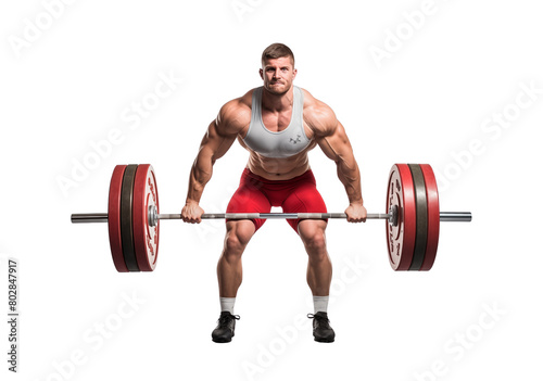 A muscular man is squatting with a heavy barbell lifted, isolated on a transparent background. Generative AI