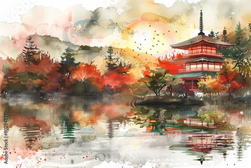 zen park watercolor painting image, japanese design