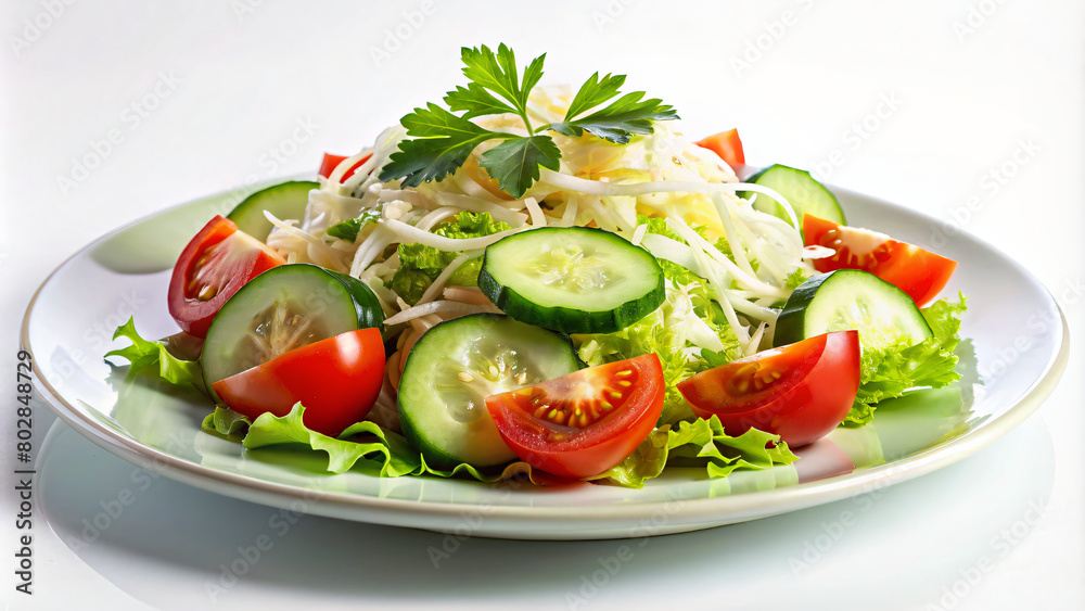 Simple Summer Salad of Sliced Tomatoes and Cucumbers on a White Plate Simple Summer Salad of Sliced Tomatoes and Cucumbers on a White Plate