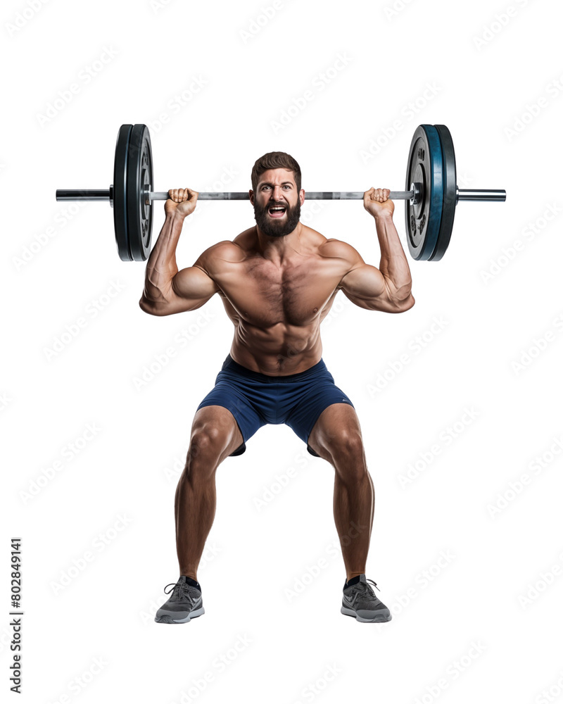 A muscular man is squatting with a heavy barbell lifted, isolated on a transparent background. Generative AI A muscular man is squatting with a heavy barbell lifted, isolated on a transparent background. Generative AI