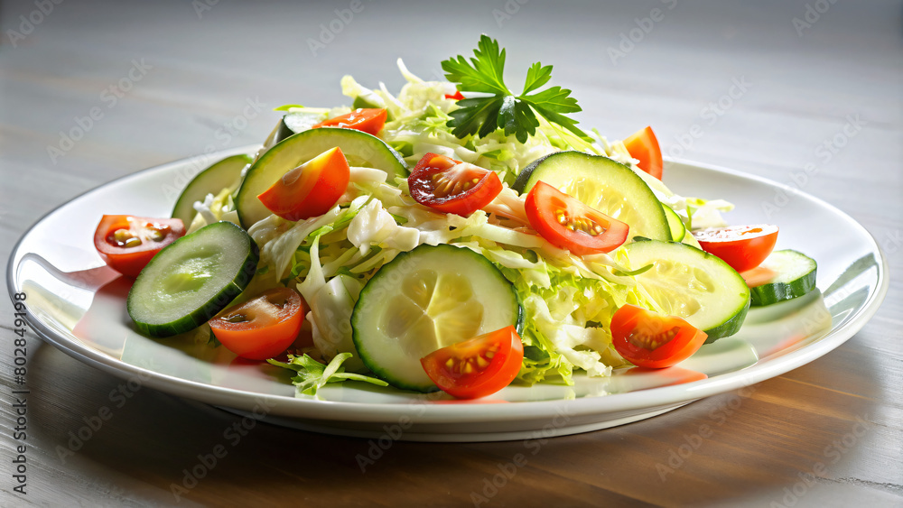 Simple Summer Salad of Sliced Tomatoes and Cucumbers on a White Plate Simple Summer Salad of Sliced Tomatoes and Cucumbers on a White Plate