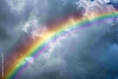 A vibrant rainbow against a gray, rainy sky. © Ghulam
