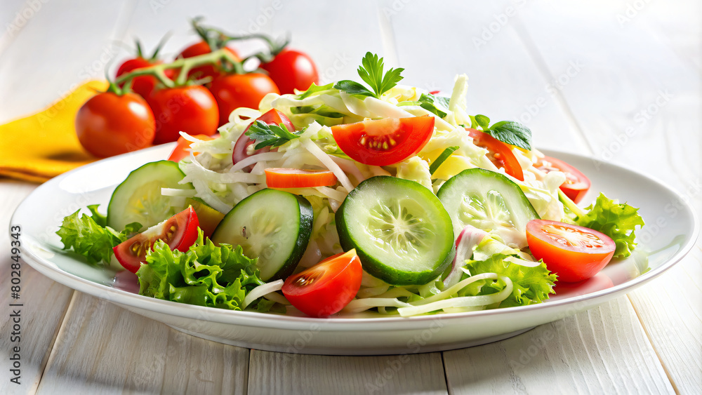  Simple Summer Salad of Sliced Tomatoes and Cucumbers on a White Plate
