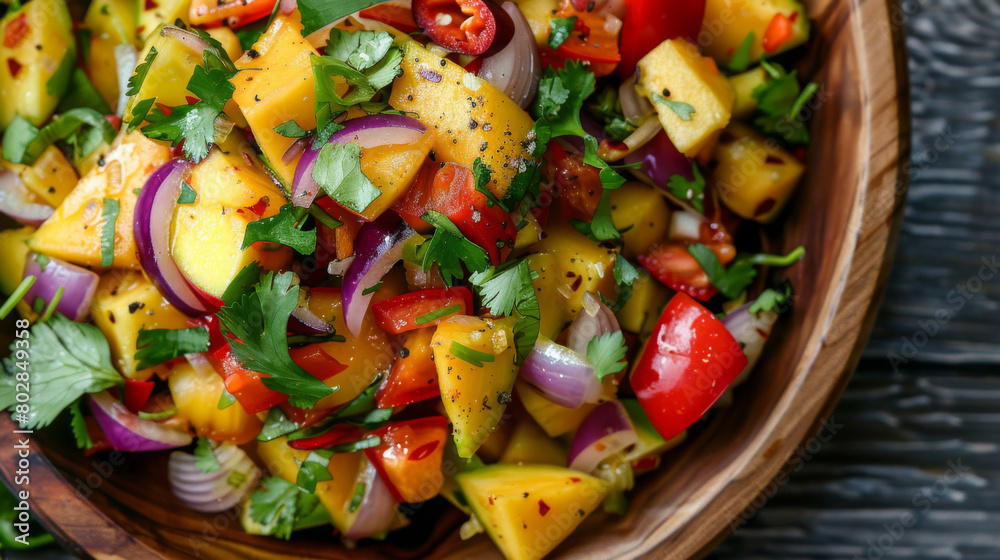 Vibrant jamaican mango salsa with fresh cilantro, red onions, and bell peppers, served in a rustic wooden bowl Vibrant jamaican mango salsa with fresh cilantro, red onions, and bell peppers, served in a rustic wooden bowl