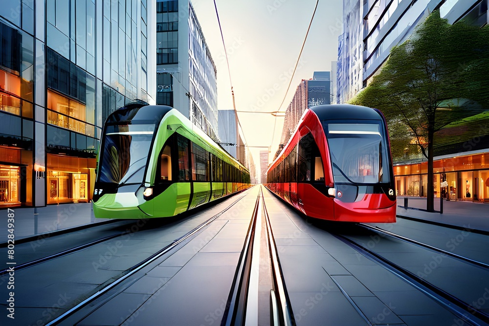 Modern tram trains view in middle a city buildings.