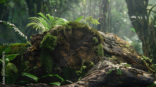 An enchanting image of a fallen tree  its decaying trunk providing a habitat for a diverse array of organisms  highlighting the cycle of life in the rainforest on World Rainforest Day.