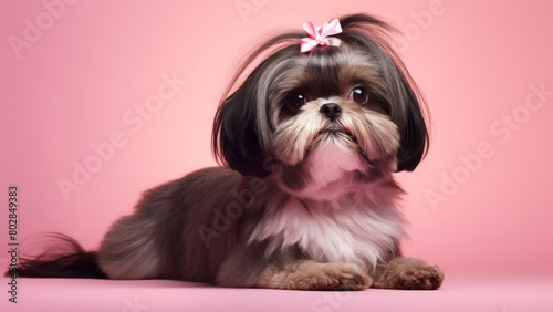 A small Shih Tzu dog wearing a pink bow on its head on minimal background