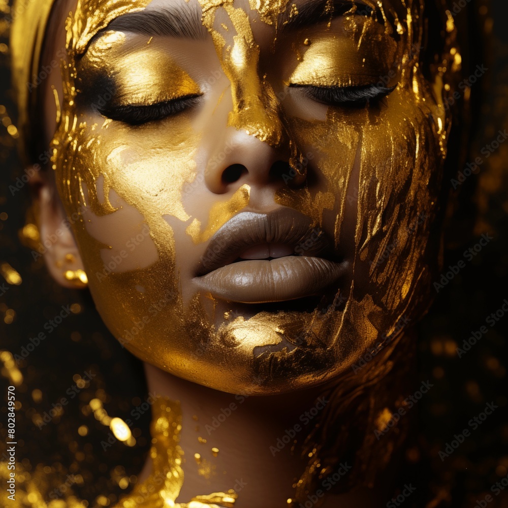 A Close-up Portrait of a Woman with Luxurious Gold Leaf Makeup