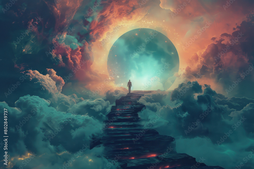 Figure Climbing Staircase Illustration., the Ascension of Christ, the ascension of Jesus into heaven, a holiday celebrated by Christians. Figure Climbing Staircase Illustration., the Ascension of Christ, the ascension of Jesus into heaven, a holiday celebrated by Christians.