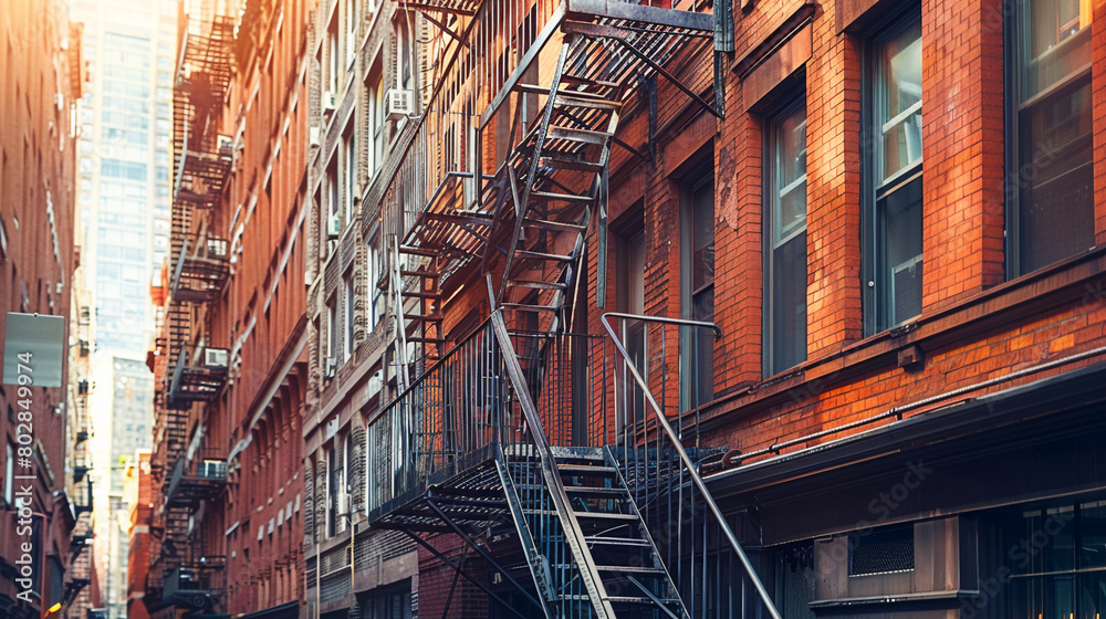 Classic fire escape staircase clinging to the exterior of an aged brick building.