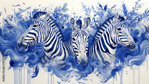 Three zebras are swimming in a blue ocean