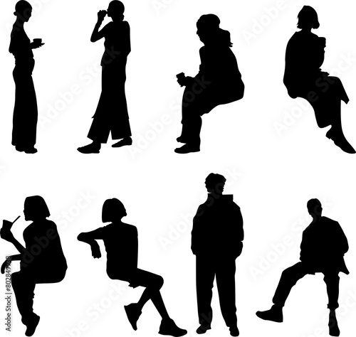 8 png silhouettes of people in sitting postures and standing