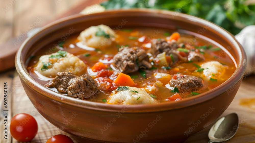 Savory jamaican beef stew with succulent beef, dumplings, and fresh vegetables, presented in a terracotta bowl on a rustic wooden table Savory jamaican beef stew with succulent beef, dumplings, and fresh vegetables, presented in a terracotta bowl on a rustic wooden table