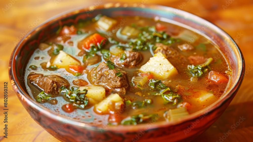 Hearty jamaican beef soup with diced potatoes, carrots, and abundant greens, served in a rustic bowl on a wooden table