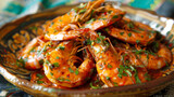 Genuine jamaican jerk shrimp presented on a classic platter, adorned with fresh herbs against a lively, colorful fabric backdrop