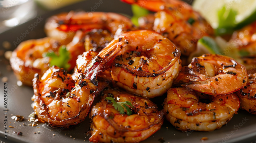 Succulent jamaican jerk shrimp with lime and cilantro on a dark plate, highlighting the flavors of the caribbean Succulent jamaican jerk shrimp with lime and cilantro on a dark plate, highlighting the flavors of the caribbean