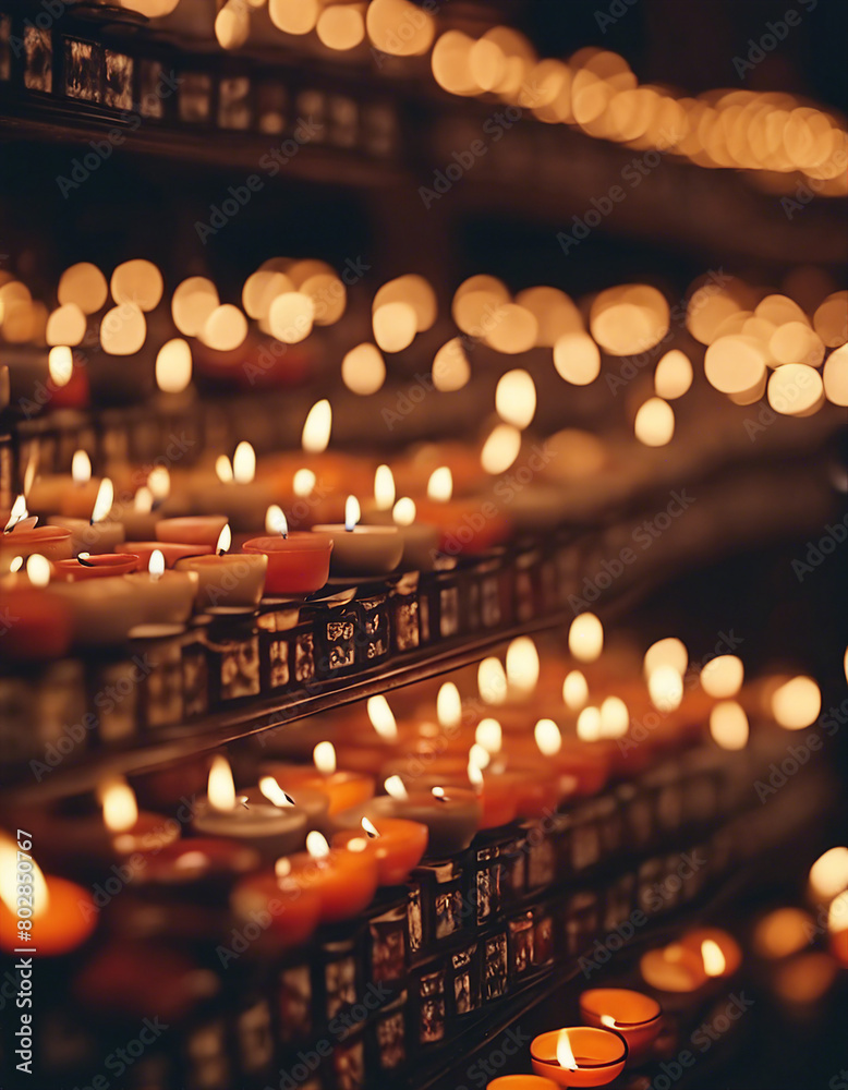 dozens of small and decorative meditation candles burning inside the temple

