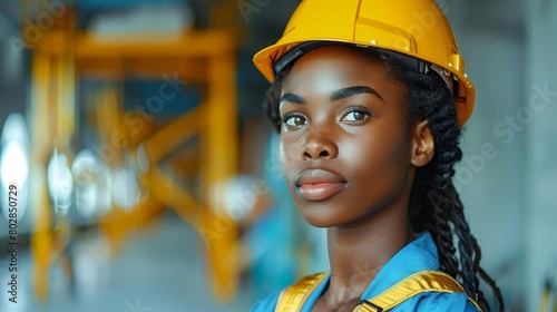 A young African-American woman wearing a hard hat is looking at the camera. She is standing in a construction site. photo