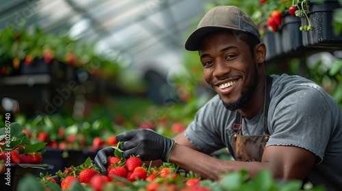 A young African-American farmer is harvesting strawberries in a greenhouse