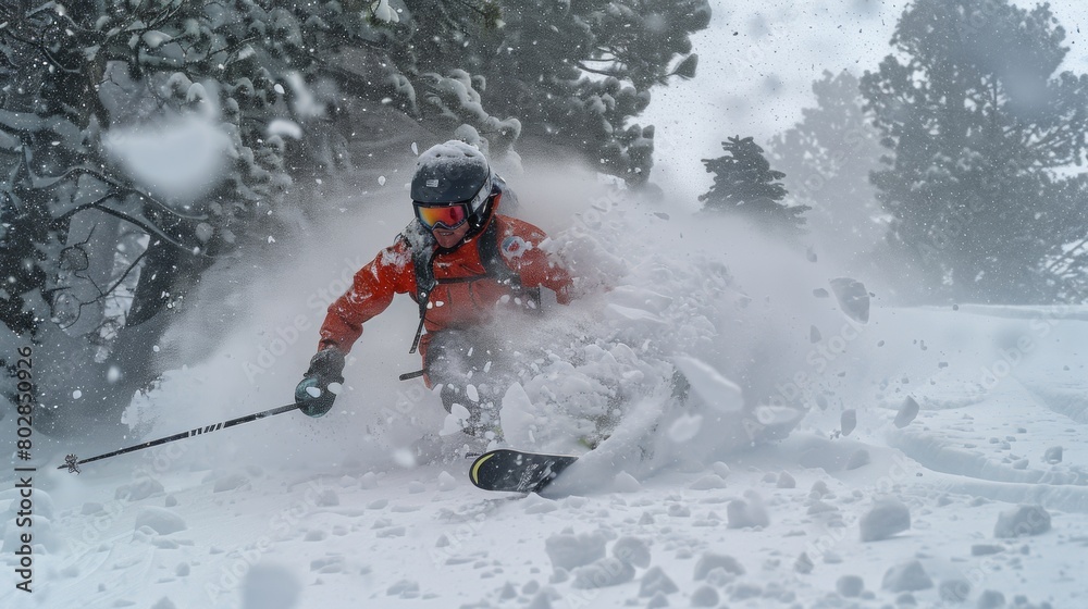 Skier carves through deep powder snow amidst a winter landscape, showcasing skill and agility