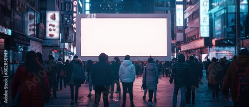 A photorealistic image of a white billboard showcasing a new product launch, with crowds of people gathered around it photo